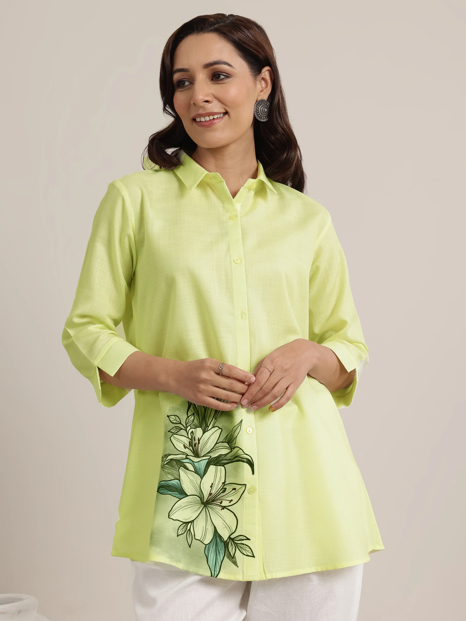 Lime Green Floral Printed Cotton Blend Straight Short Kurti